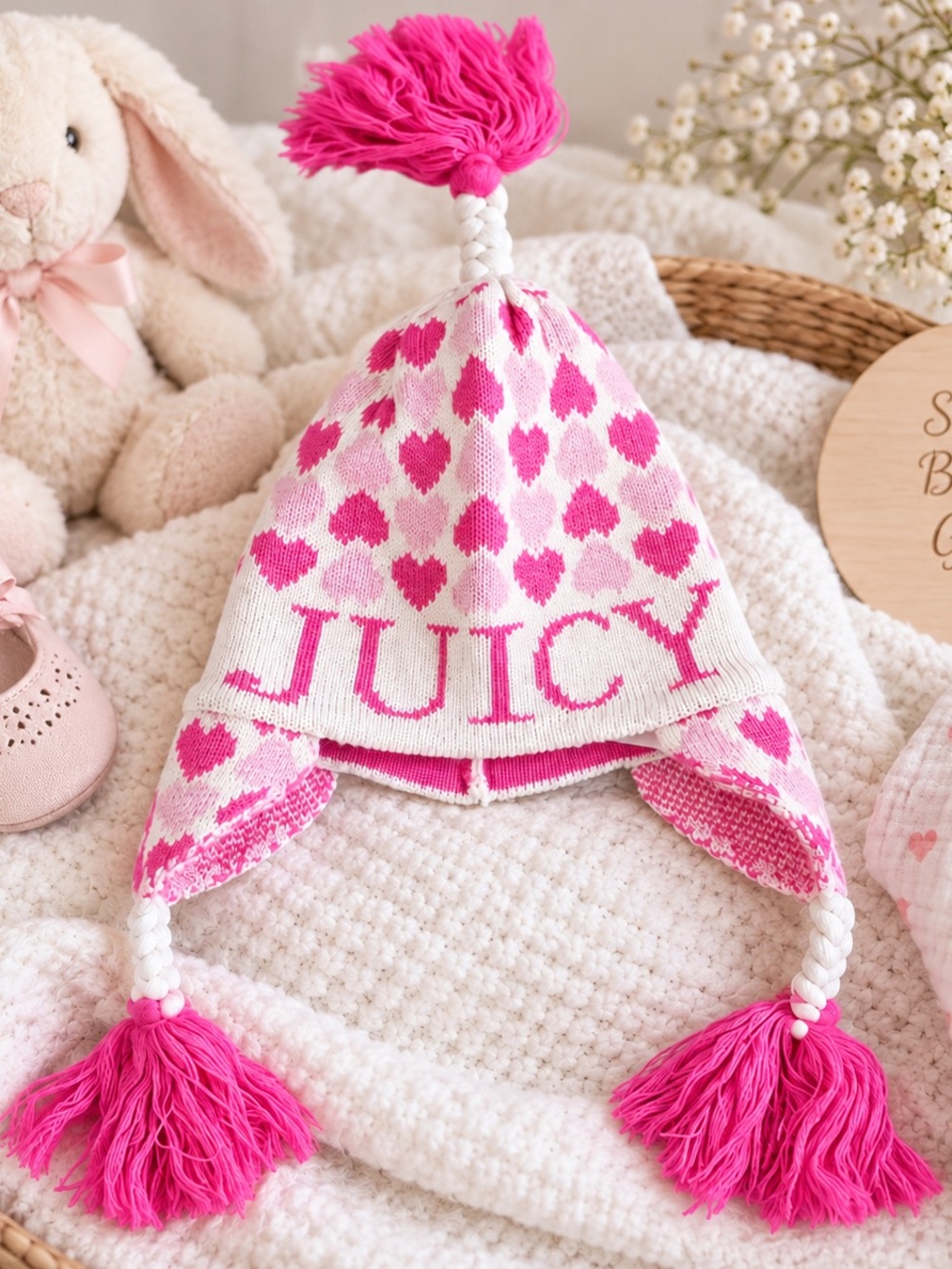 Juicy Couture Pink Heart Merino Wool Baby Hat – 6–9 Months